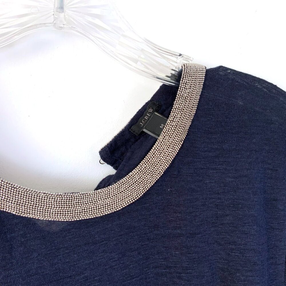 New J. Crew Navy Linen Embellished Collar Short Sleeve Tee Sz M - Picture 7 of 16